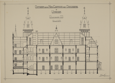 217257 Doorsnede van het Ooglijdersgasthuis (F.C. Dondersstraat 49) te Utrecht.N.B. Het adres F.C. Dondersstraat 49 is ...